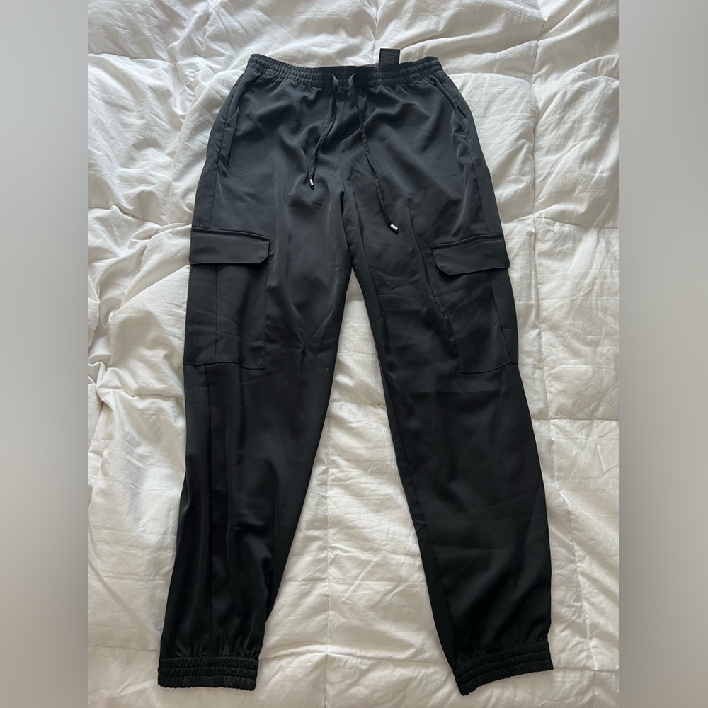 Black satin cargo joggers